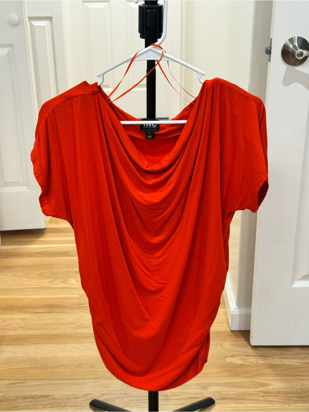 INC International Concepts Red Draped Cowl Short Sleeve Top